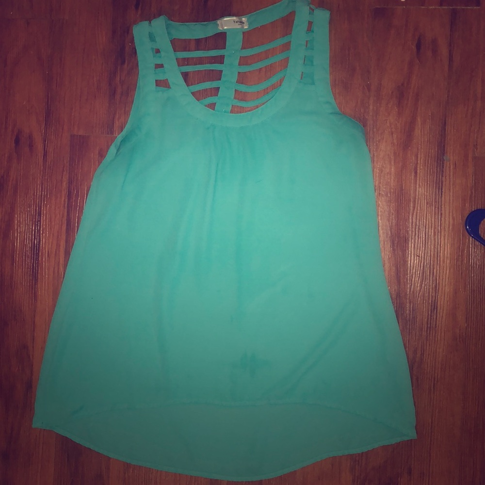 Macy’s Turquoise Chiffon Blouse. Rib back w/button